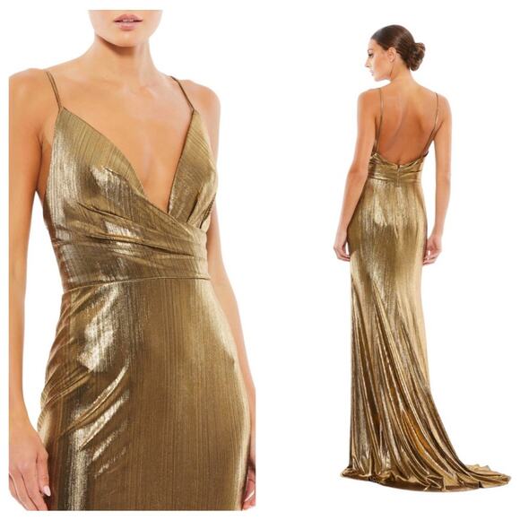 Mac Duggal | Dresses | Nwt Ieena For Mac Duggal Bronze Metallic Faux Wrap Spaghetti Strap Gown ...